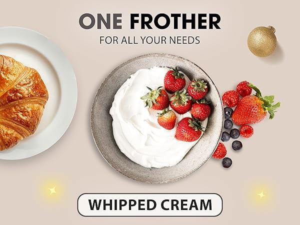 Electric coffee frother with USB recharge and 3 whisk attachments for lattes, matcha, and drinks.