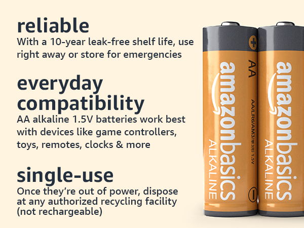 AA alkaline batteries have a 10 year shelf life, are single use and compatible with everyday devices