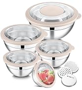 E-far Mixing Bowls Set of 5, Stainless Steel Salad Mixing Bowl with Transparent Lid, Metal Nestin...