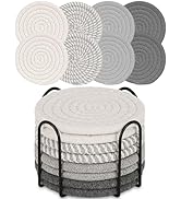 Adorever 8 Pcs Round Cotton Boho Coasters Set with Holder, Gray, 4.3 Inch