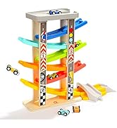 TOP BRIGHT Wooden Race Track, Car Ramp Toys for Toddlers 18+ Months with 6 Mini Cars, 1 Car Garag...