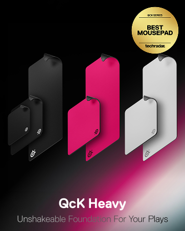 QcK Heavy Mousepads in medium, large and XXL black, and large and XXL white and magenta