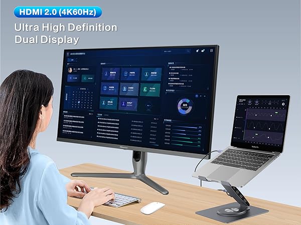 laptop stand with 4K HDMI docking station connector to an external screen 