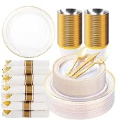Bestluck 350PCS Clear Plastic Plates with Gold Trim for 50 Guests, Disposable Dinnerware Set for ...