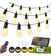 FUANXIEI Solar Lights Outdoor Patio Lights: S14 15M 50FT Solar Powered Remote Control 3 Light Mod...