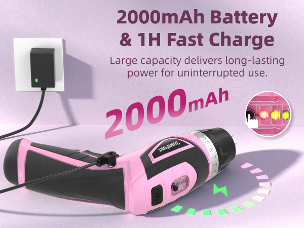 Pink handheld device with 2000mAh battery capacity and 1-hour fast charging. Large display shows battery level. Compact design with ergonomic grip and charging port visible.