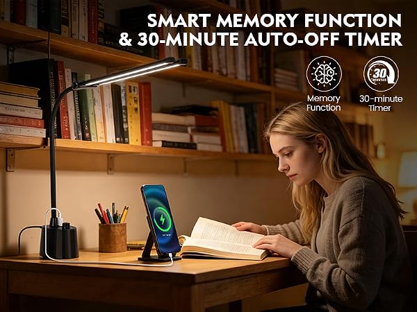 Desk Lamp with USB Charging Ports, Dual Head Adjustable 5 Color Dimmable Reading Light with Adapter
