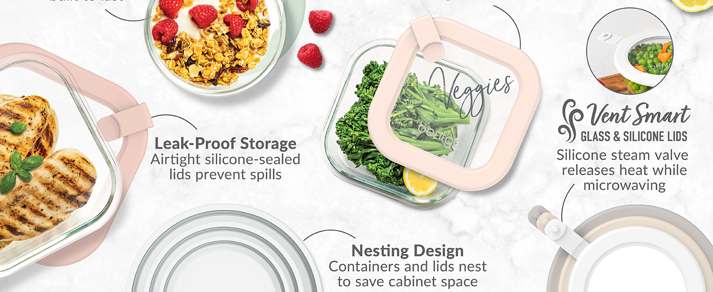 bentgo, bentgo glass food storage, silicone steam valve, leak proof lids, nesting containers 