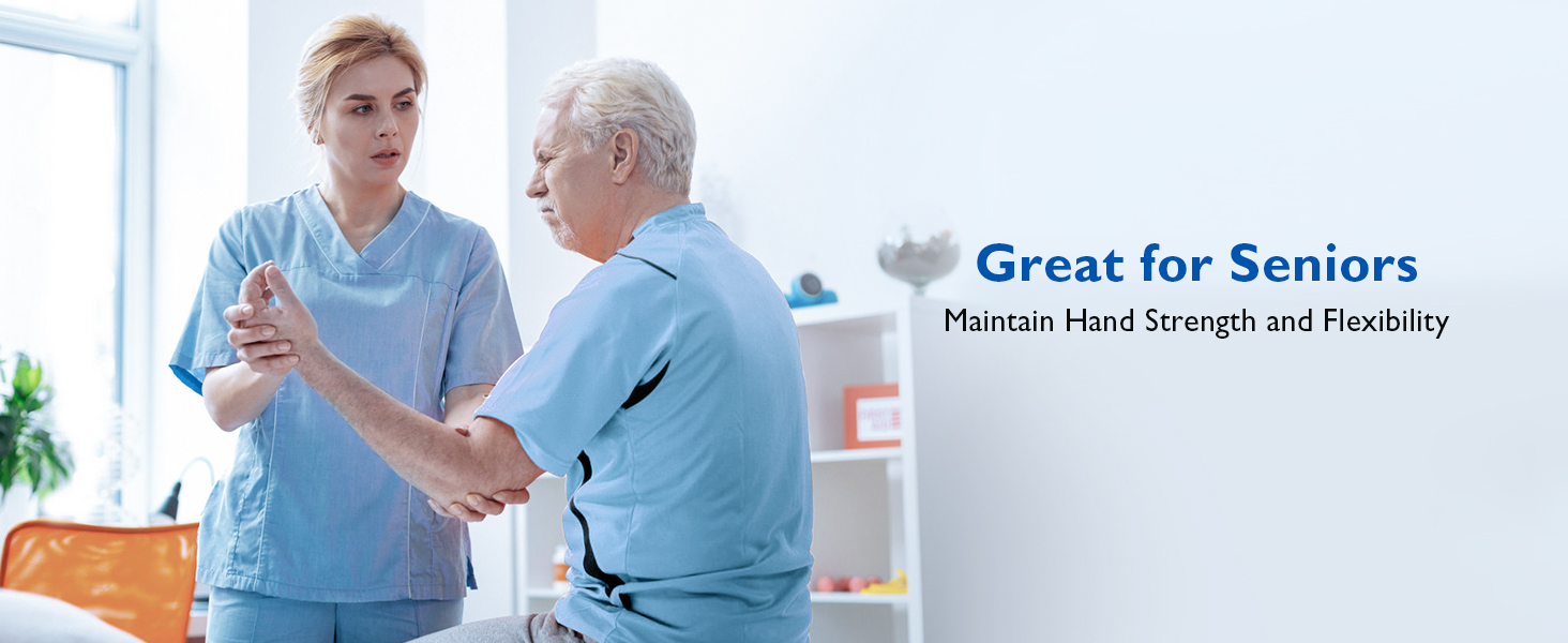 Text reads 'Great for Seniors' and 'Maintain Hand Strength and Flexibility'. Interior scenes showing gentle physical therapy or senior care activities in a medical setting.
