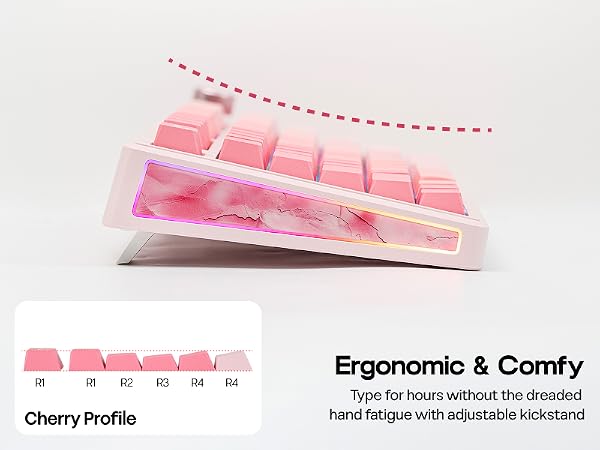 Text reads 'Ergonomic &amp; Comfy' and 'Cherry Profile'. Pink mechanical keyboard keycaps shown from multiple angles, highlighting ergonomic design with adjustable kickstand.
