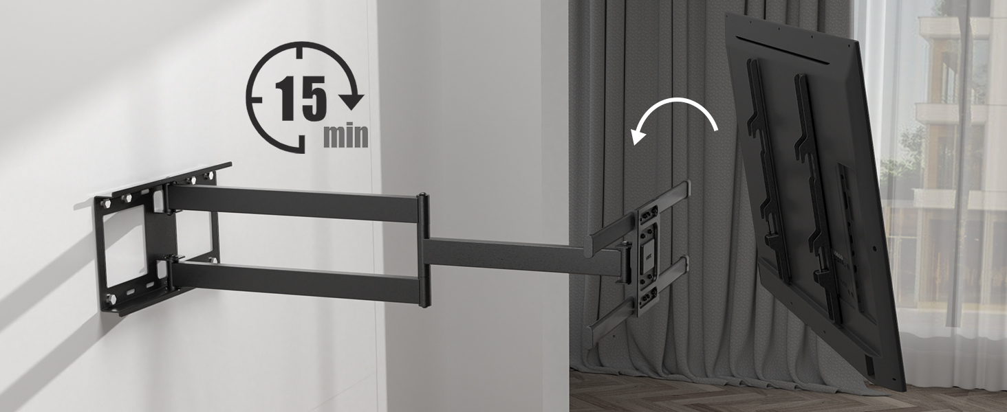 Extendable wall mount for TV or monitor, with 15-minute installation time icon and swivel functionality indicated.