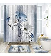 Onalasyc 4PCS Blue Daisy Flowers Plants Shower Curtain Set, Shower Curtain and Carpet and Accesso...