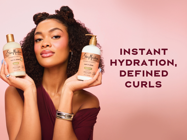 Image of a young woman with curly hair and buns, next to text: instant hydration, defined curls.
