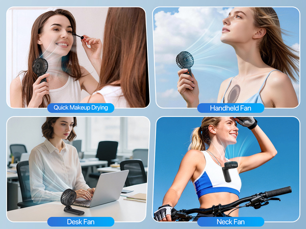 Text reads "Quick Makeup Drying", "Handheld Fan", "Desk Fan", "Neck Fan". Four-panel grid showcasing same portable fan device in different use scenarios: makeup application assistance, handheld use, desktop positioning, and neck-worn application.