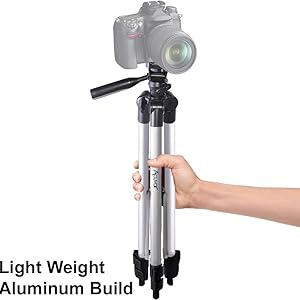 Lightweight aluminum tripod with camera attached, foldable and portable design