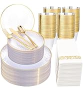 Rubtlamp 350 Clear Plastic Plates Dinnerware Set,Hammered Clear Plates Set With Gold Rim Plates,P...