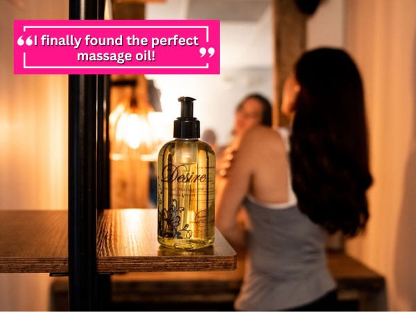 Woman using Desire massage oil.
