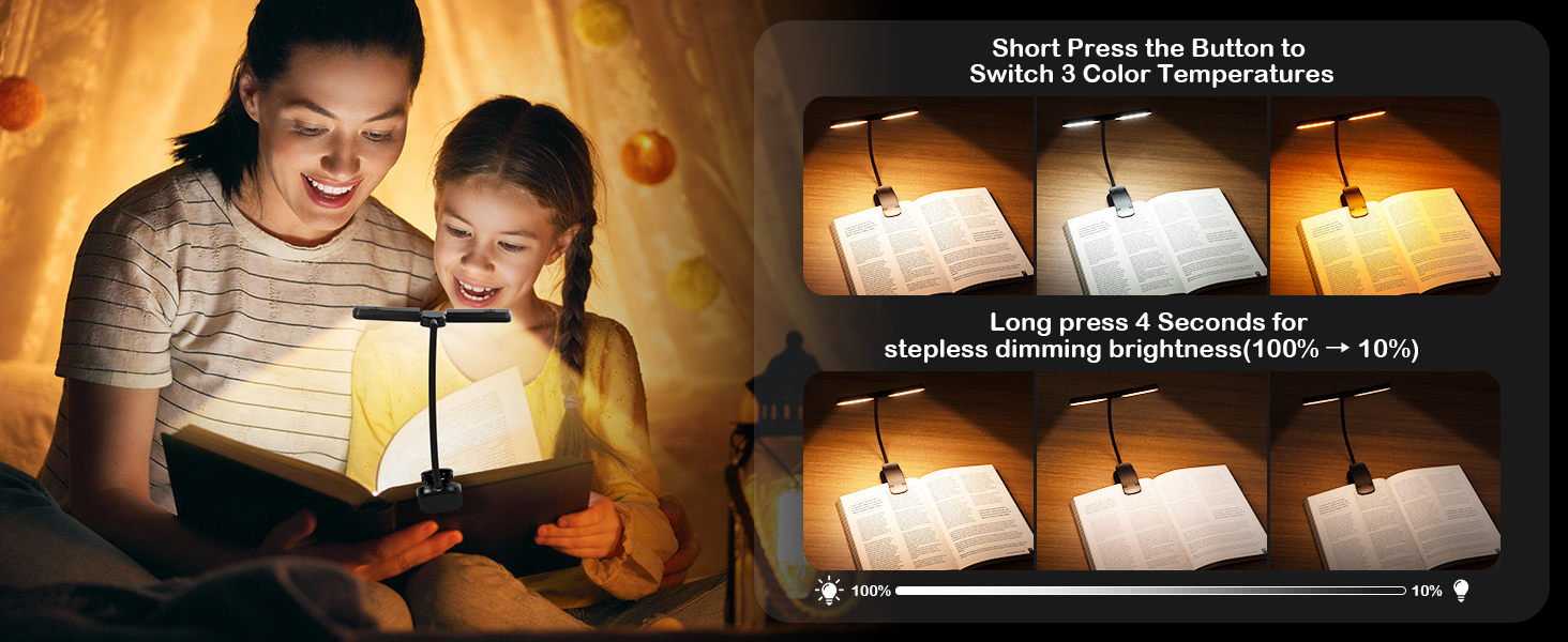 Eye Caring 3 Color Temperatures &amp;amp; Stepless Dimming Rechargeable Book Light for Reading in Bed