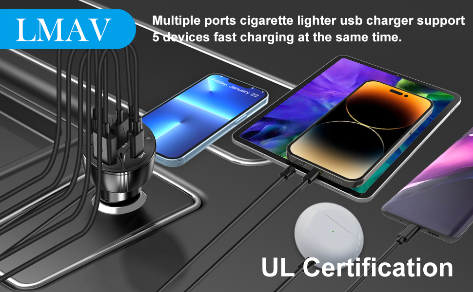 5 USB C CAR CHARGER FAST CHARGING 5 DEVICES AT THE SAME TIME.