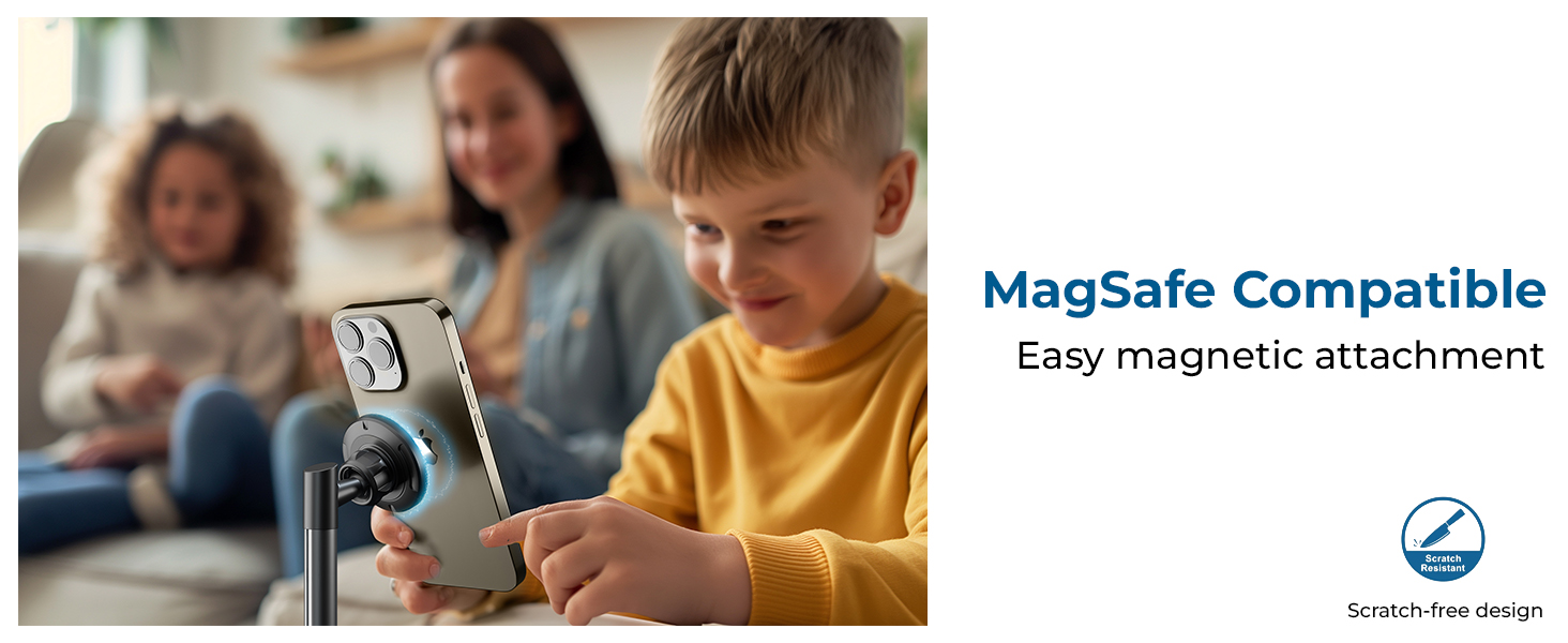 Product advertisement showing a device with MagSafe Compatible feature, highlighting 'Easy magnetic attachment' with an icon below.