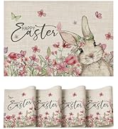 Artoid Mode Bunny Flowers Vinyl Happy Easter Placemats Set of 4, 12x18 Inch Wipeable Non-Slip Spr...