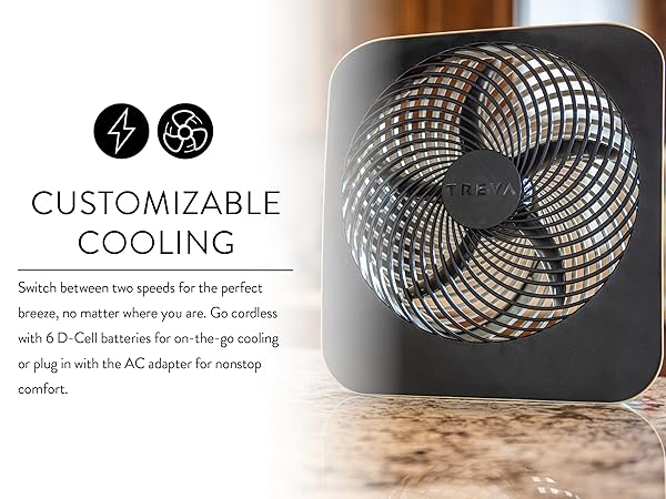 Treva 10 Inch Fin Fan Black on kitchen counter