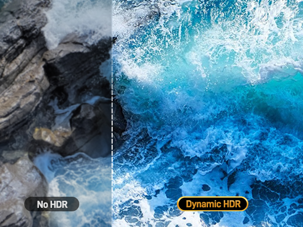 Side-by-side comparison of ocean waves crashing on rocks. Left side labeled 'No HDR' appears dull, while right side labeled 'Dynamic HDR' shows vibrant blue water and white foam.