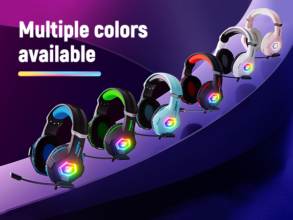 Colorful gaming headphones displayed in arc formation. Text indicates multiple colors available. Headphones feature RGB lighting on ear cups.