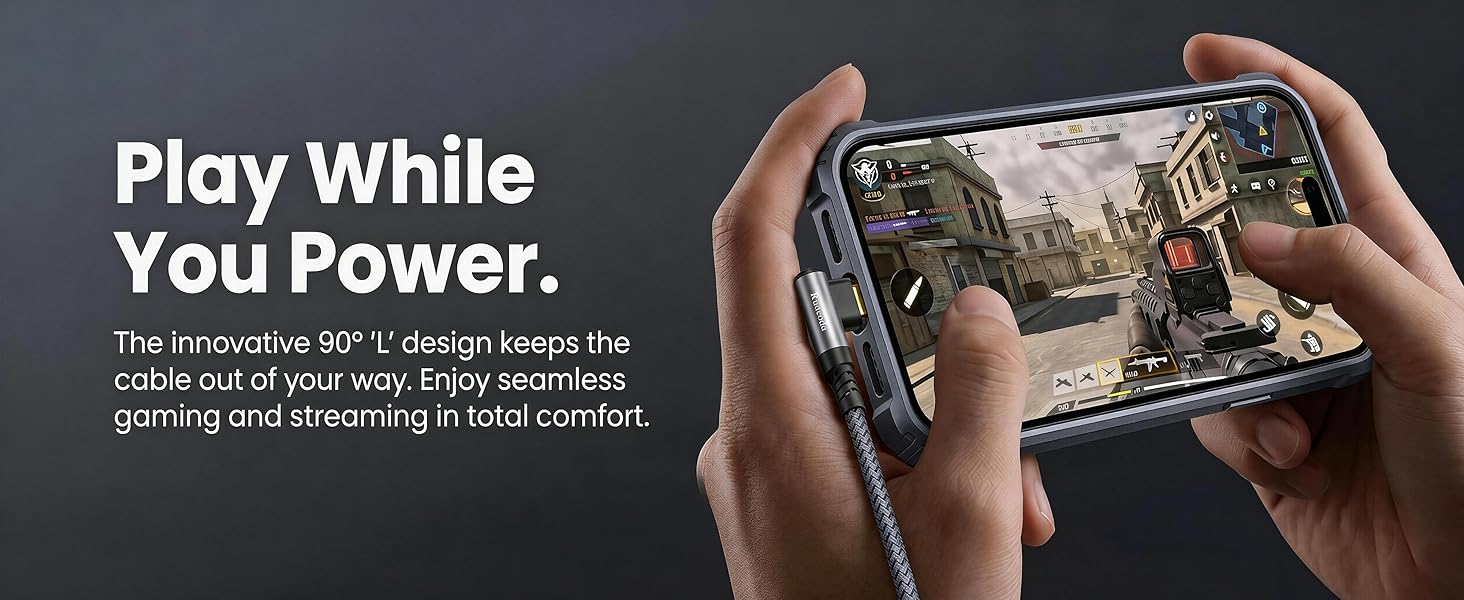 90° L-Shape design, play while charging, case friendly, Type-C connector.