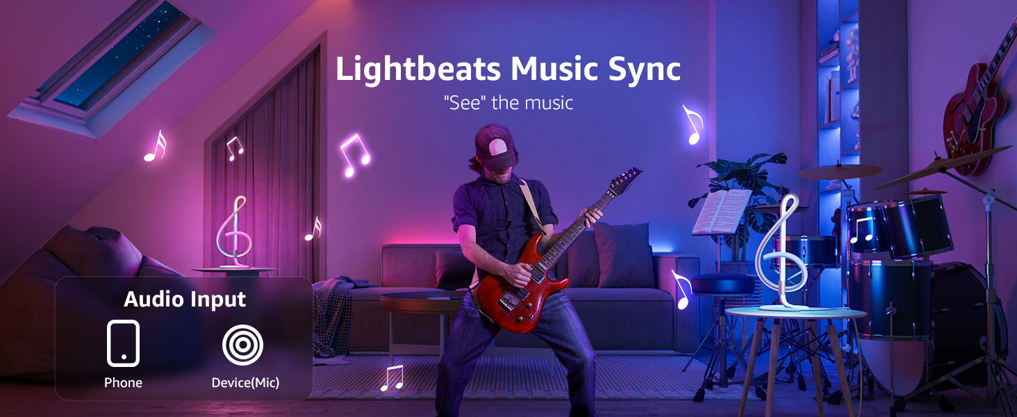 Lightbeats Music Sync feature showcased in a room with purple lighting, guitarist, and musical note light projections.