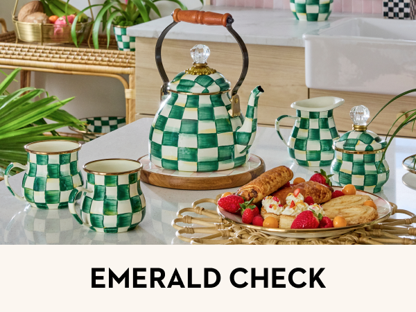 Brilliance meets botanical in Emerald Check, kitchen tea kettle and mugs.