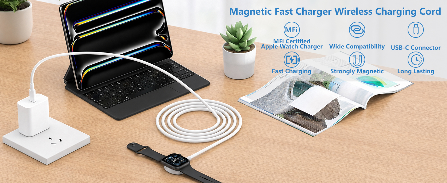 Apple MFi Certified 2Pack 6.6FT Magnetic Wireless Charging Cable for Apple Watch Charger