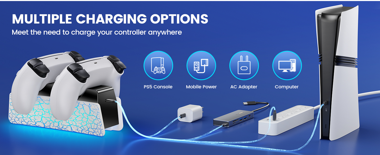 Text reads 'MULTIPLE CHARGING OPTIONS'. Blue-themed promotional image showing various electronic device charging configurations and connection options.