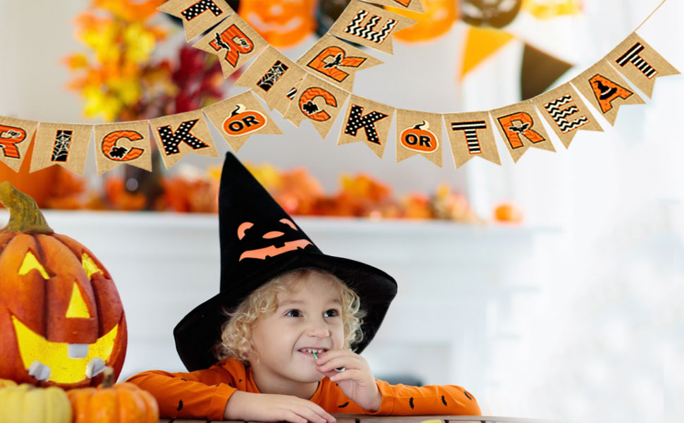 Halloween Banner Happy Trick or Treat Hanging Burlap Banner for Fireplace, Halloween