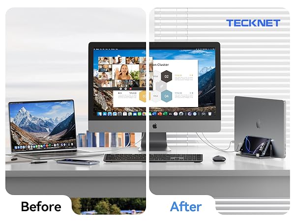Space-saving notebook stand frees up desk space by storing your laptop upright.