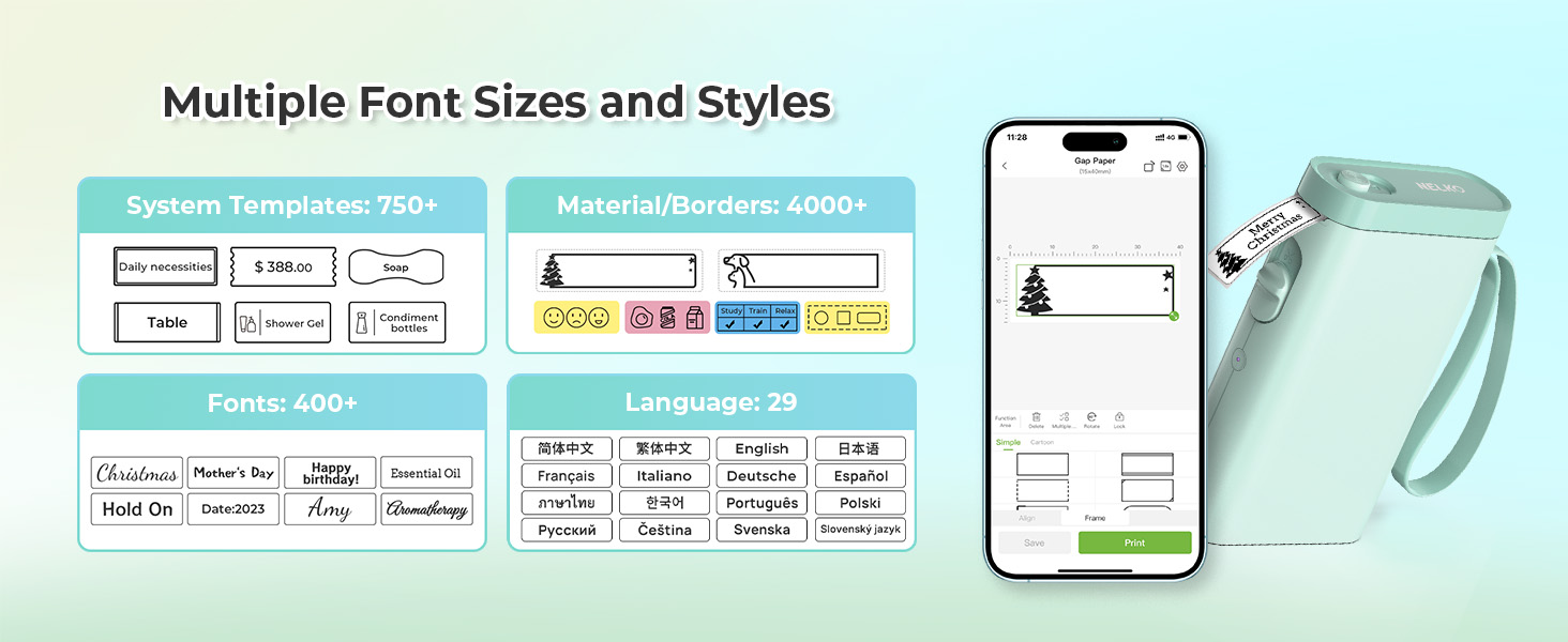 Smartphone displaying app interface with customizable text templates, font styles, and emojis.
