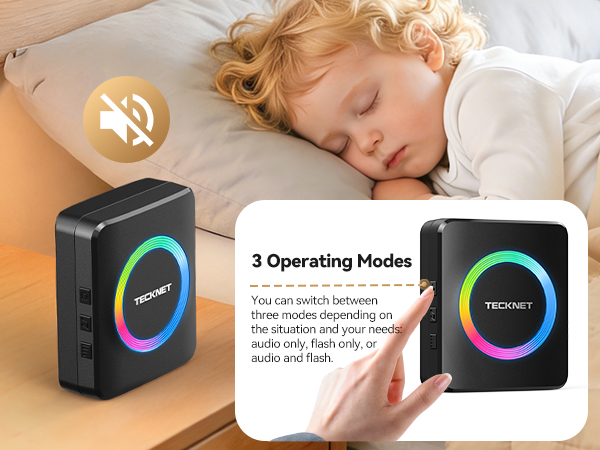 Text reads '3 Operating Modes'. Product demonstration showing black device with RGB lighting display, mute icon, and interface screens.