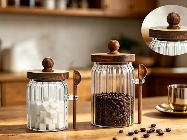 Steviieden Glass Jar with Wooden Lids and Spoon