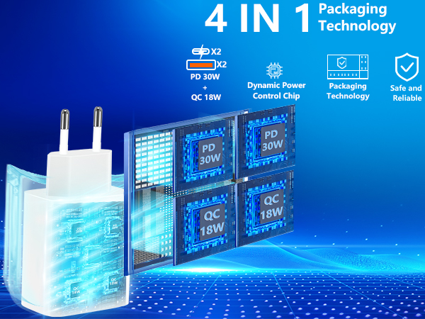 60W USB C European Plug Adapter 4-Port USB C Wall Charger European Charger US to Europe Adapter