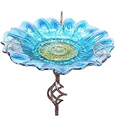 Bird Baths for Outdoors, Glass Birdbaths Outdoor Garden Birdfeeder with Metal Stake Blue (Height:...