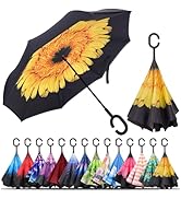 LLanxiry Windproof Inverted Umbrella, Large Reverse Umbrellas for Rain with C-shaped Handle Big U...