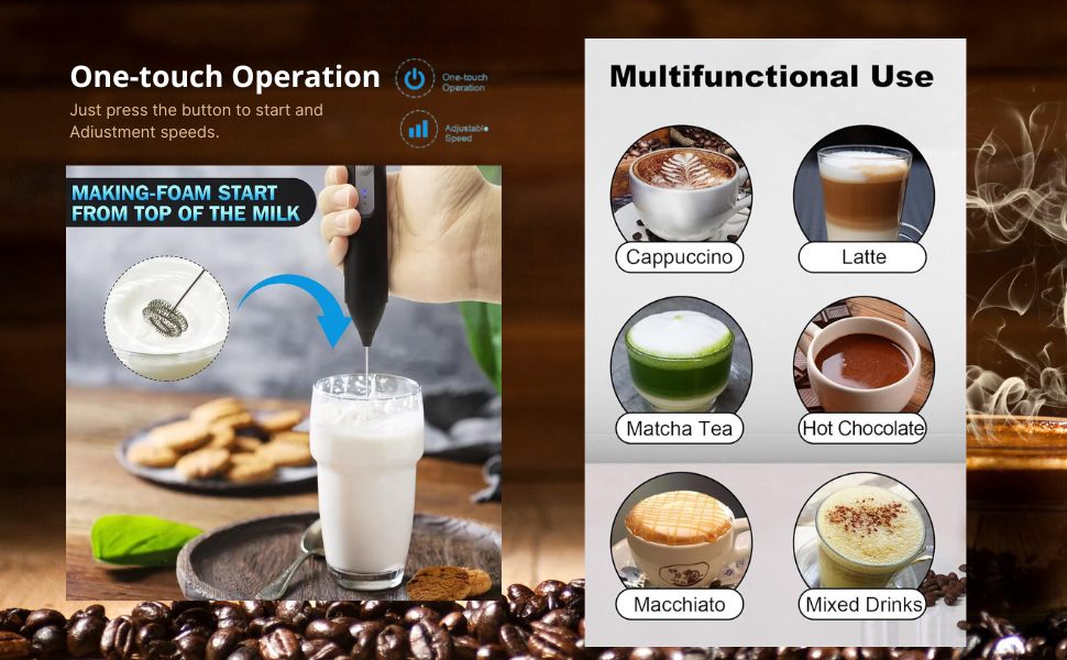 Rechargeable Milk Frother Handheld, Electric Drink Mixer, USB-C, Stainless Steel Whisk, Foam Maker