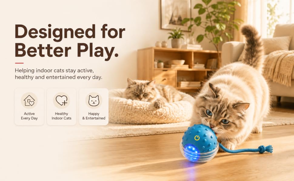 nteractive rolling cat toy for active, healthy, and happy indoor cats.