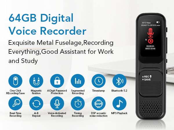 64GB Digital Voice Recorder for Lectures Meetings