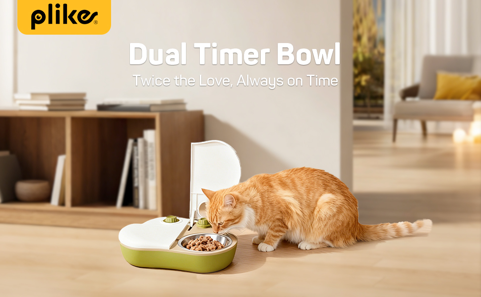 A cat eating from an wet food automatic feeder refrigerated