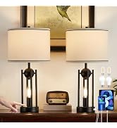 Leasgy 25'' Farmhouse Table Lamps for Living Room Set of 2 with USB C+A Ports, Rustic Vintage Bed...