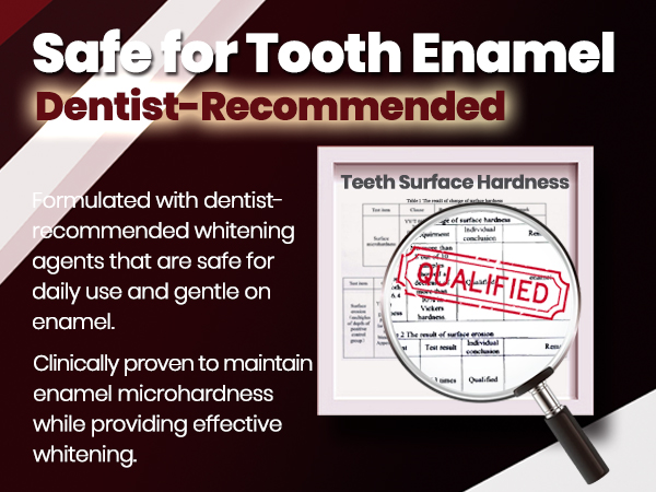 Text reads 'Safe for Tooth Enamel' 'Dentist-Recommended' 'Teeth Surface Hardness'. Scientific diagram showing tooth enamel protection certification.