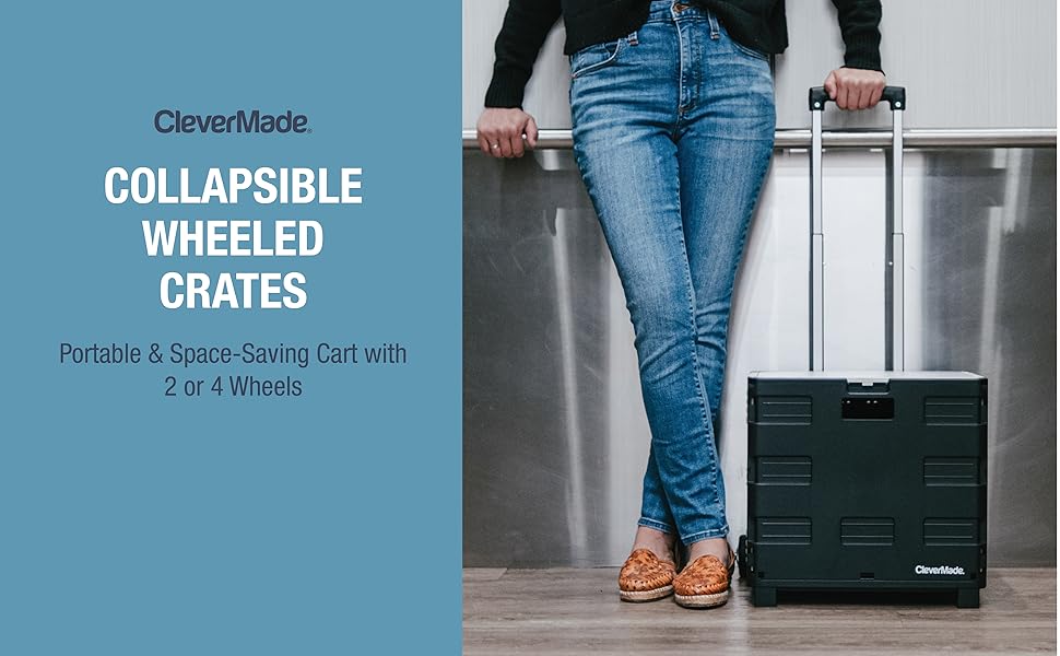 CleverMade collapsible rolling crate with handle lid and four swivel wheels for groceries and gear