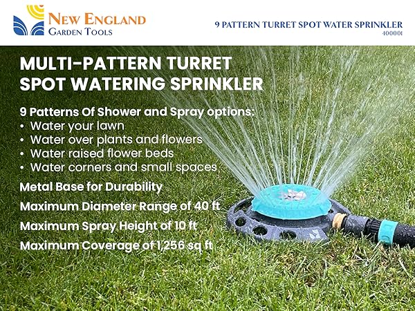 New England Garden Tools 400001 9 Multi-Pattern Turret Spot Watering Sprinkler Shower and Spray