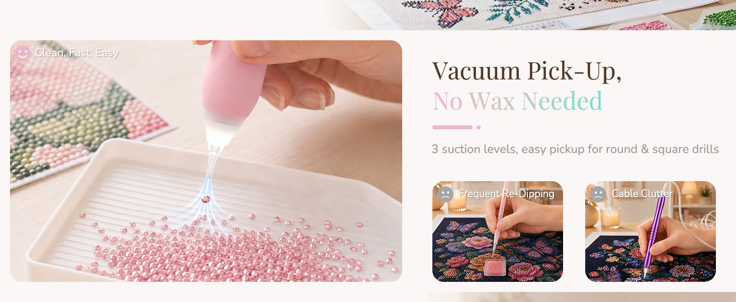 Electric Diamond Art Vacuum Pen, Wax-Free Cordless, 3 Suction Levels, No Wax Needed